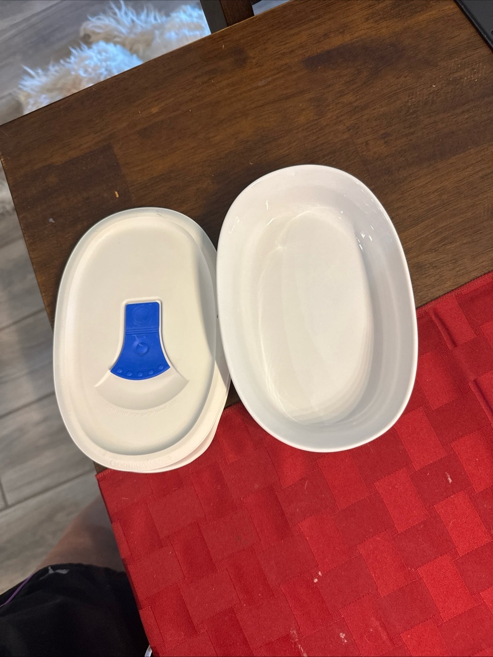 White Corningware Dish with Blue Steam Vent Lid